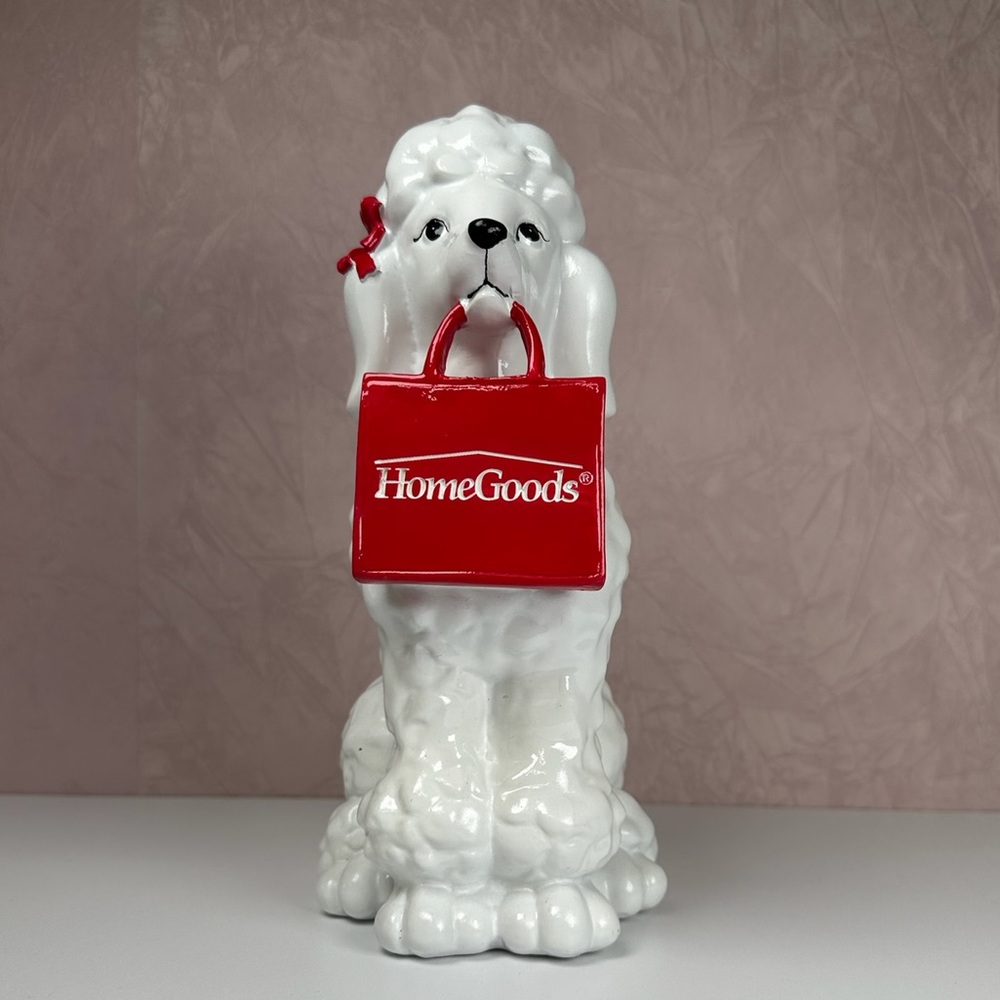 HomeGoods White Poodle Figurine with Red HomeGoods Bag